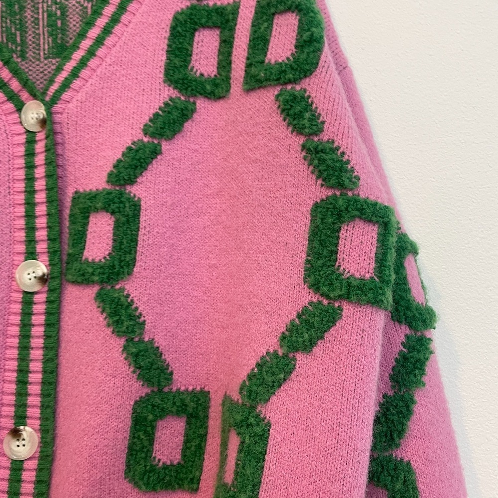 Cardigan Sweater Women L Pink Geometric Buttons Preppy Office Sorority - Picture 12 of 12